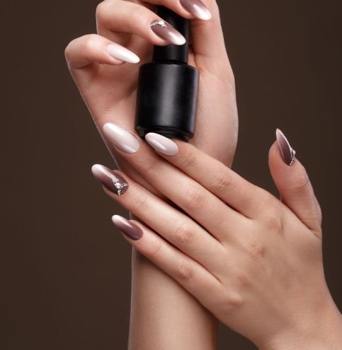 Beautiful classic manicure on female hand with nail polish. Close-up. Picture taken in the studio